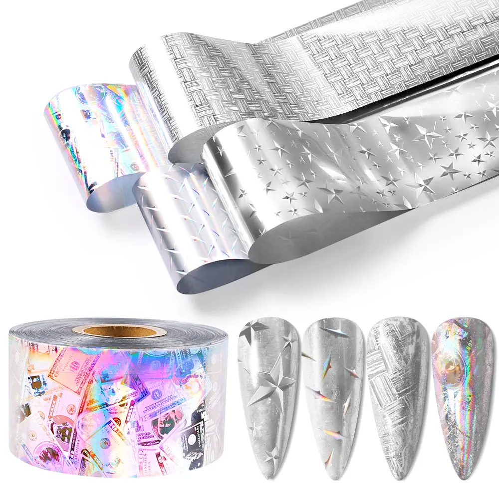 120m Laser Nail Art Stickers Glass Hot Stamping Foils Holographic Nail Transfer Foil Dot Star Waves Foils Paper Colorful Nail