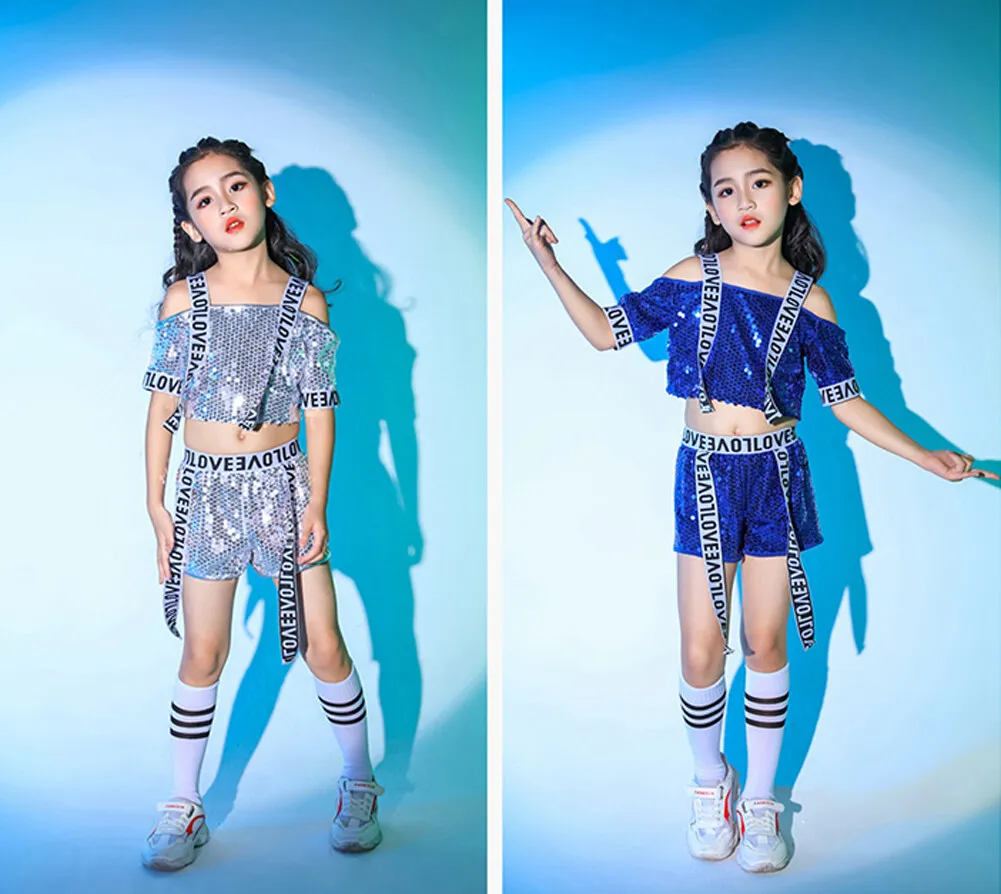 LOLANTA Girls 2Pcs Sequins Tops + Shorts  Hip Hop Jazz Dance Street Modern Dance Costumes Set School Active Stage Wear