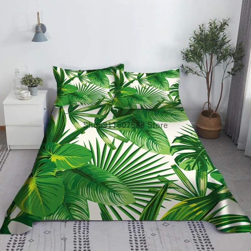 Tropical Greenery Bed Sheet Set 3D Printed Polyester Green Leaves Bed Flat Sheet With Pillowcase Bed Linen For Adults Kids