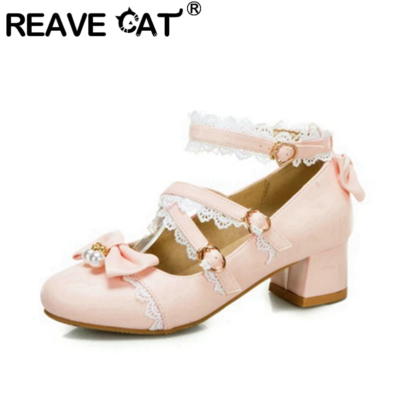 

REAVE CAT Ladies Sweet Cute Lolita Mary Janes Pearl Pumps Lace Round Toe Square Heels 4cm PU Buckle Big Size 30-48 Spring A3261