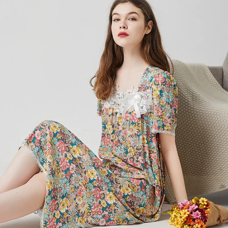 New Summer Womens Nightdress Cotton Lace Short Sleeve Floral Printed Sleepdress Casual Home Clothing for Women Spring Nightgown