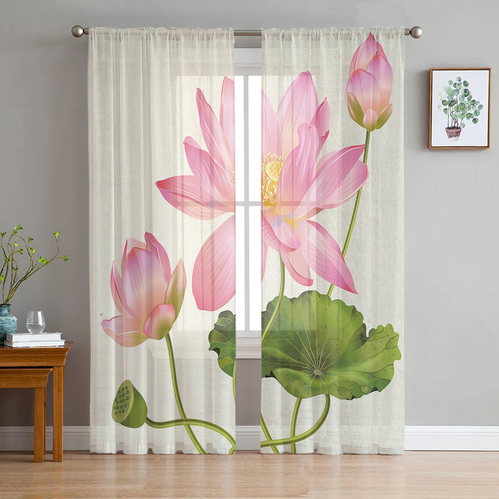 

Plant Pink Lotus Window Curtains Bedroom Modern Drape Sheer Tulle Valances Living Room Kitchen Voile Curtain