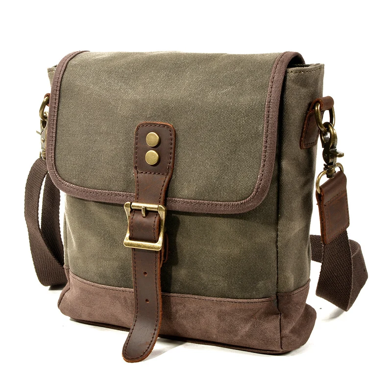 Men Casual Crossbody Bag Male Oil Wax Canvas Leather Flap Bags Vintage Patchwork Shoulder Bag Daily Small Messenger Bags XA748ZC