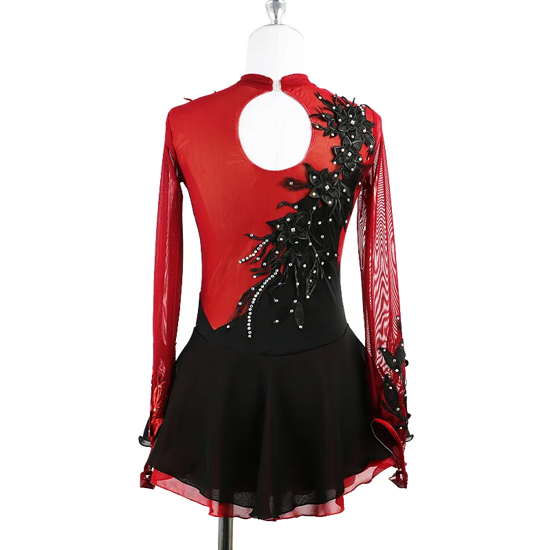 Black Wine Red Figure Skating Dress Cheongsam Ice Figure Skating Skirt Beautiful Skating Skirt Stereo Lace Flower Girl/Woman