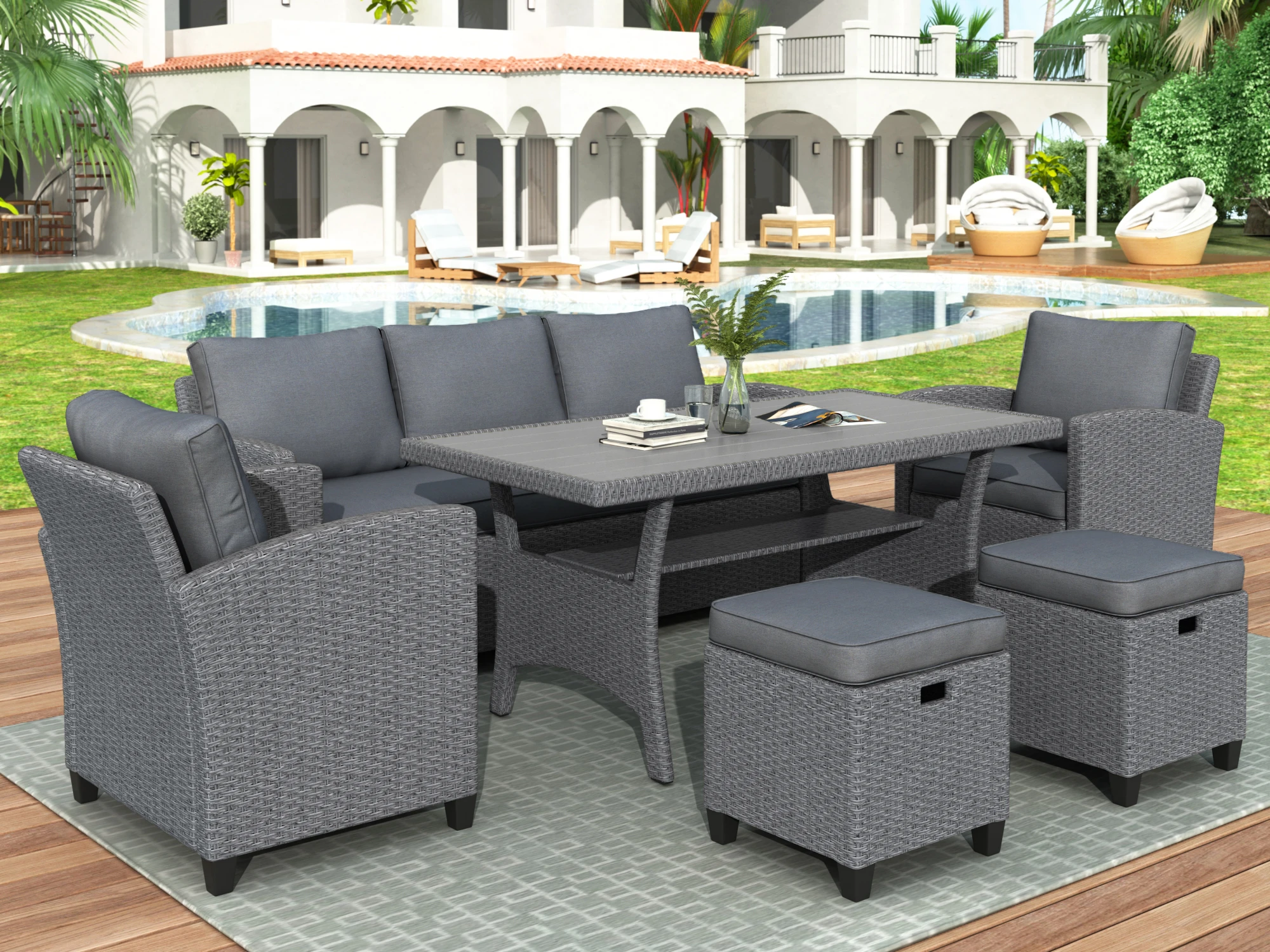 Outdoor Patio Rattan Wicker Furniture 6Pcs Set 1 3 Seat Sofa+2 Single Sofa Chair+2 Stools+1 Table for Garden Backyard[US-Depot]