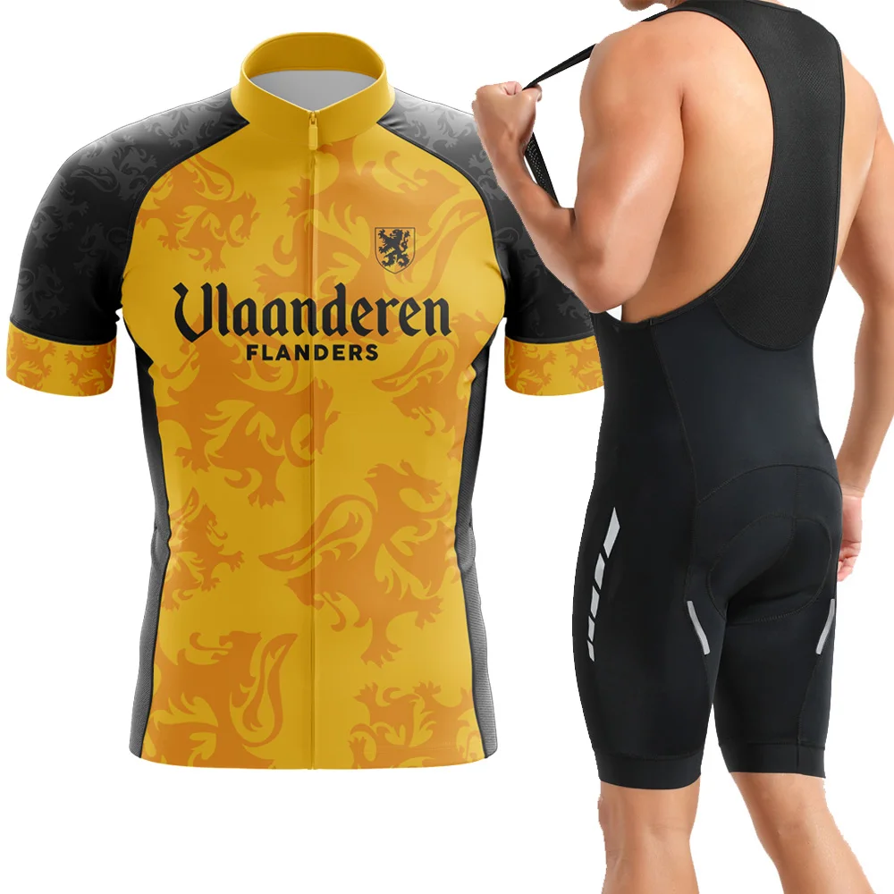 New Summer Belgium FLANDERS Cycling Jersey Sets Yellow Bike Clothing Wear Bib Shorts Gel Pad