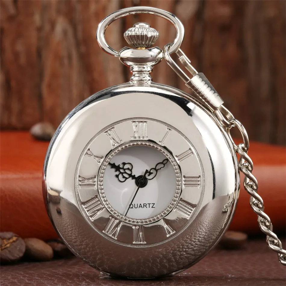 Smooth Silver Roman Numerals Half Hunter Quartz Pocket Watch Digital Analog Display Round Dial Antique Fob Clock Unisex Gifts