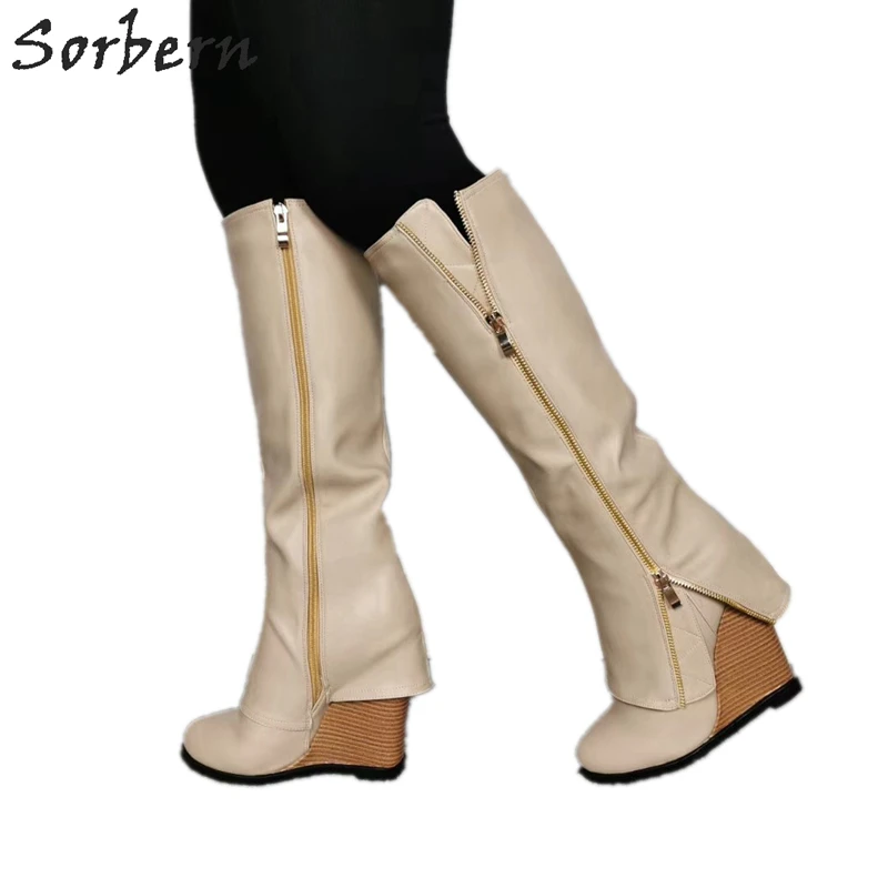 

Sorbern Khaki Knee High Boots Wedge Heels Women Side Zipper Boots With Heels Winter Shoes Custom Wide Fit Ladies Boots