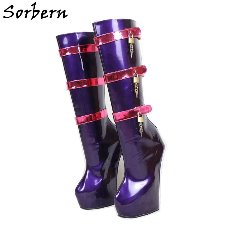 Sorbern Purple Custom Wide Calf Boots Women Red Straps Lockable Keys Sexy Fetish Boots Bdsm High Heel Womens Ladies Boots