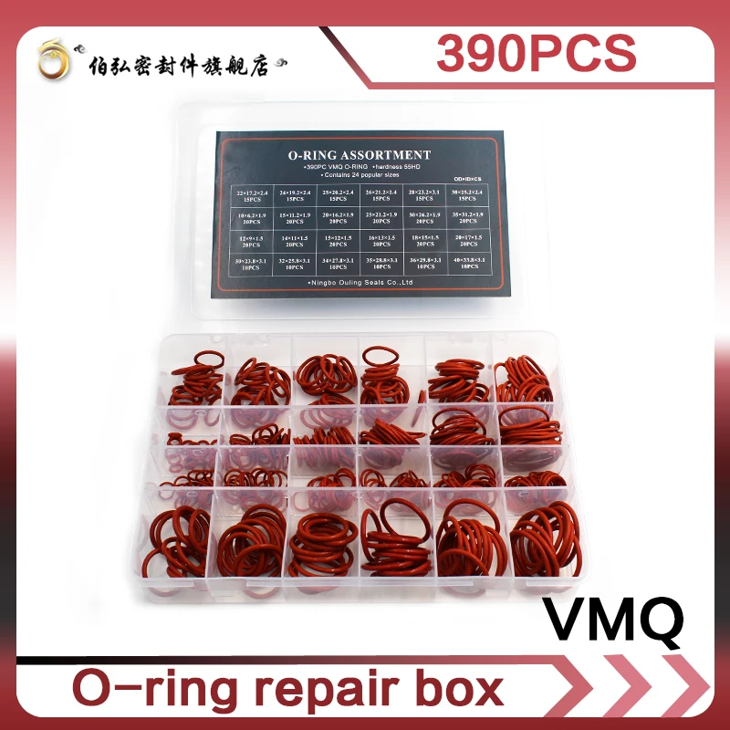 

Red Silicon Rubber 390pcs O-Rings 24Sizes O-ring Set Gasket O Ring Silicone Seal Assortment Box O-Rings Kit Good elasticity