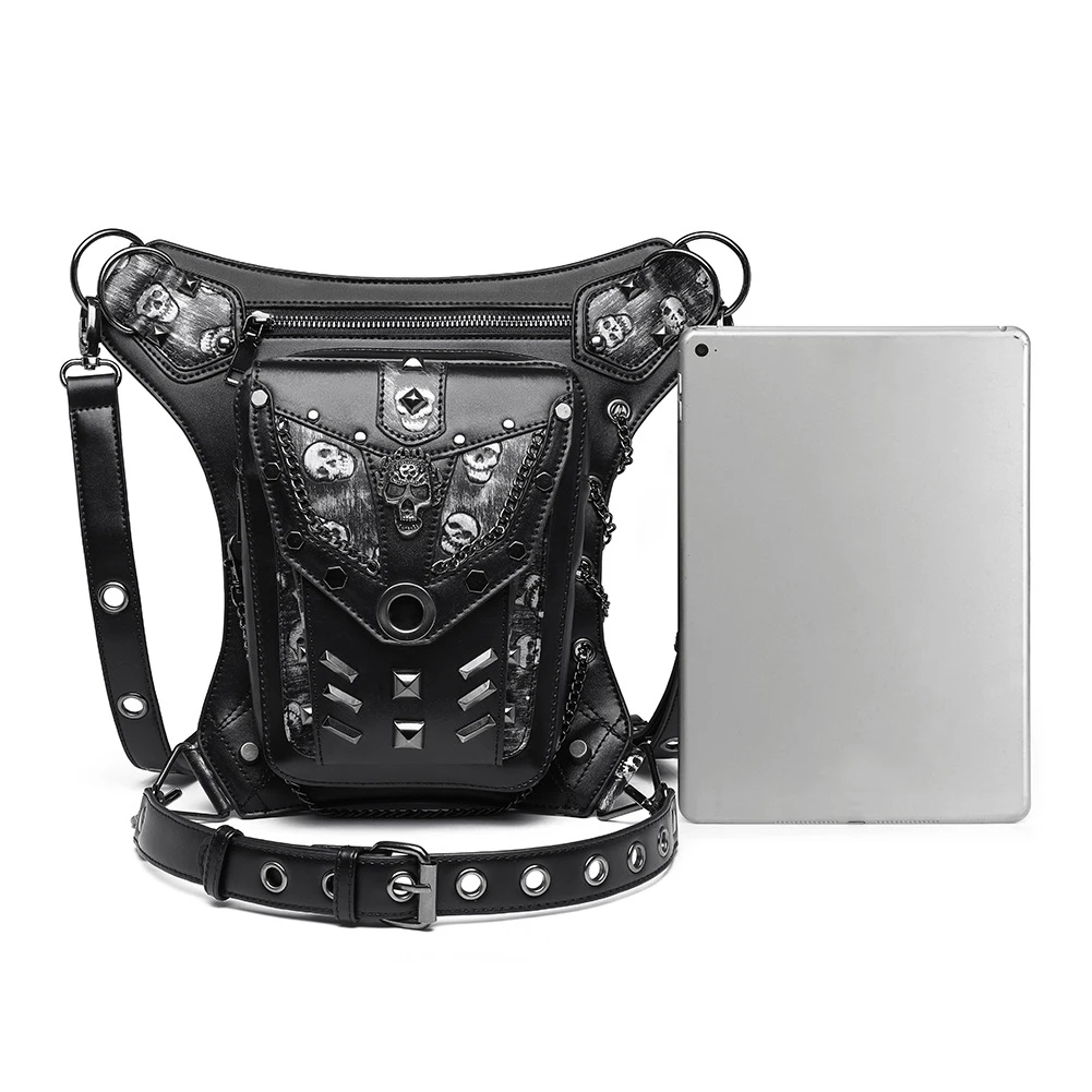 New Punk Rock Motorcycle Bag For Women Steampunk Motor Biker Chain Leg Waistbag Men Skull Rivet Shoulder Messenger Purses Unisex