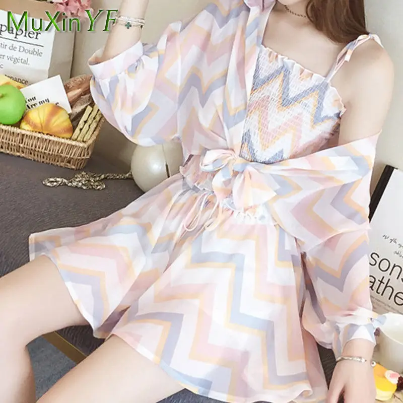 2024 Summer New Chiffon Top Shorts Three-piece Suit Korean Fashion Elegant Blouse Pants Set Female Casual Trousers