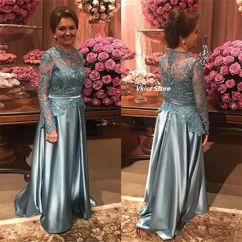 Vintage Lengan Panjang Gaun Ibu Pengantin 2022 Ukuran Plus Renda Applique Gaun Ibu Elegan Leher Permata Gaun Formal Panas