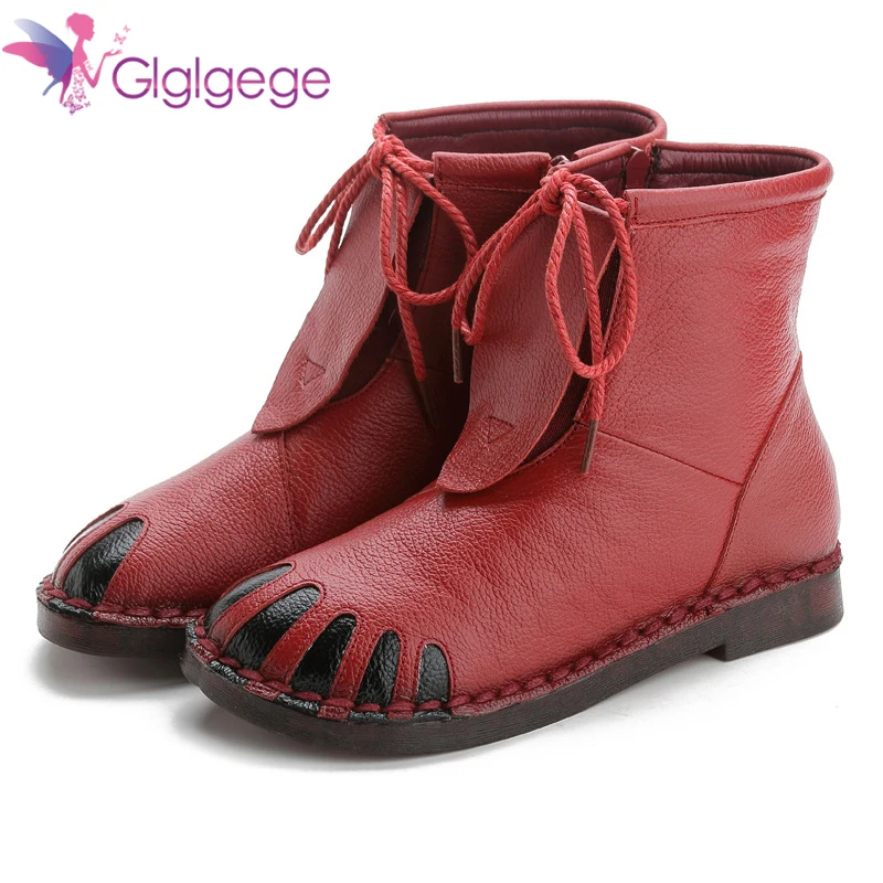 Glglgege Fashion Winter Lace-Up Flat Boots Genuine Leather Ankle Shoes Vintage Casual Shoes Handmade Women Boot