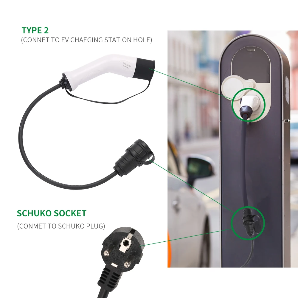 Vope2-Adaptateur pour station de recharge de voiture électrique, prise latérale vers prise schuko, développement EV, type 2, 16A