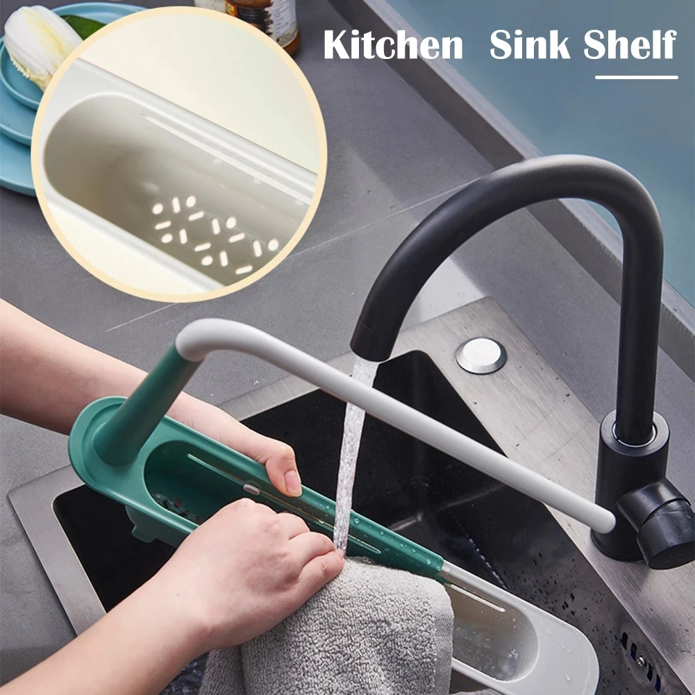 Kitchen Telescopic Sink Organizer Rack Telescopic Faucet Organizer for Soap Towel Sponge Storage Adjustable Shelf Storage Rack