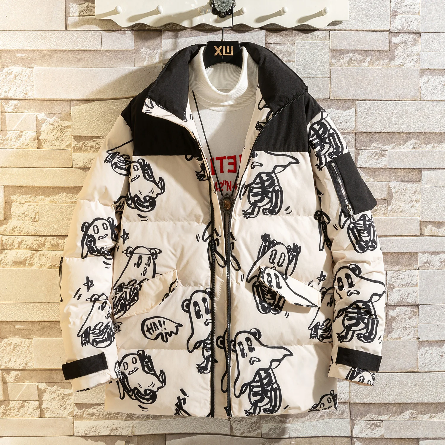 Men Women Winter Parkas Jacket Fashion Harajuku Funny Printed Loose Casual Stand Collar Warm Padded Puffer Jacket Bubble Coat