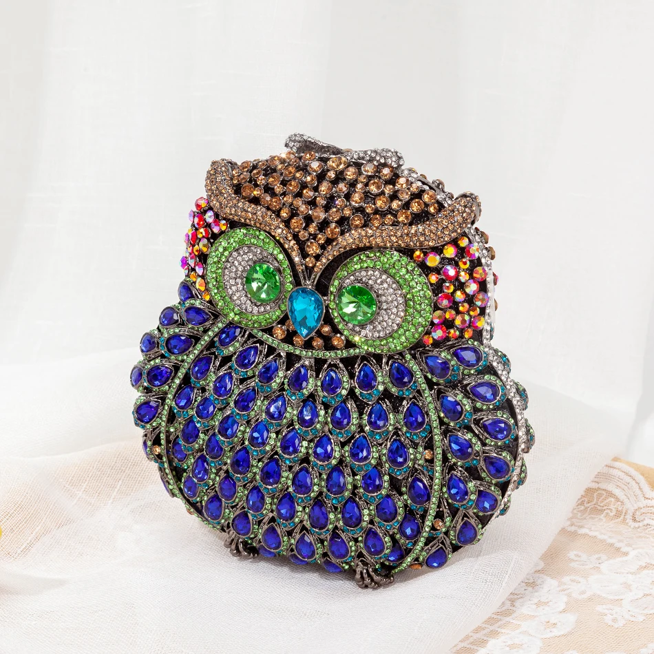 Owl Shaped Crystal Evening Clutch Bag Women New Luxury Designer Chic Novelty Blue Rhinestone Metal Purse And Handbag Personality