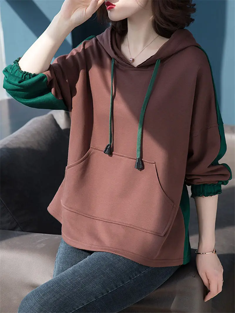 봄 가을 Hoodies 여성 의류 한국어 5XL 느슨한 긴 소매 후드 스티칭 운동복 포켓 캐주얼 탑 여성 e504