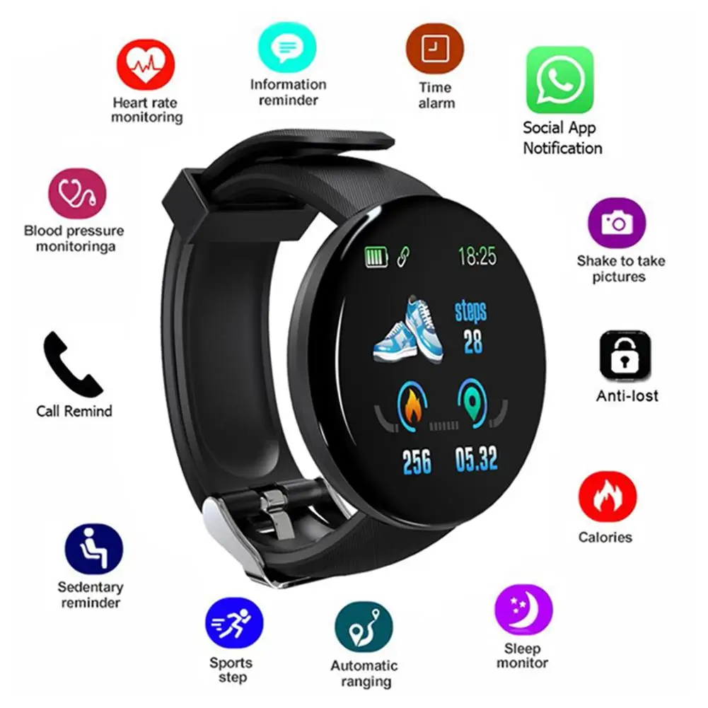 

D18 Smart Watch Full Touch Clock Blood Pressure Heart Rate Monitor control Music Message Reminder Smartwatch Men and Women