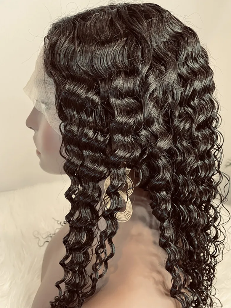 Mocha Hair-Peluca de cabello humano con malla frontal, pelo de bebé, parte en T, prearrancada, onda profunda