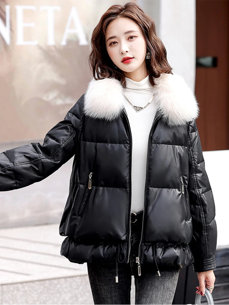 Fashion Women Down Jacket Fox Fur Turn Down Collar Leather Coat New Windproof Waterproof Warm Loose Short Parka Elegant Female