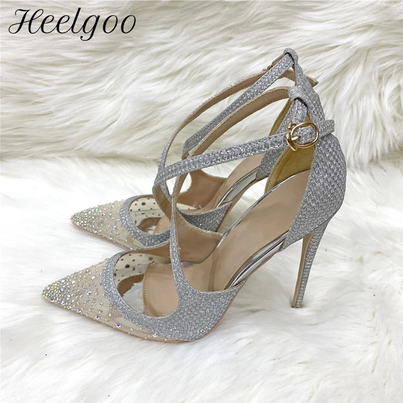 

Heelgoo Glitter Sequined Women Gauze Rhinestones Cross Strap Pointy Toe High Heel Party Shoes Gorgeous Stiletto Pumps 8-12cm