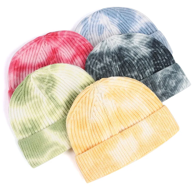 Tie Dye New Fisherman Beanie Women 2022 Winter Hats Beanies For ladies Red Bonnets Men Hip Hop Cap Short Hat Knitted Skullcap