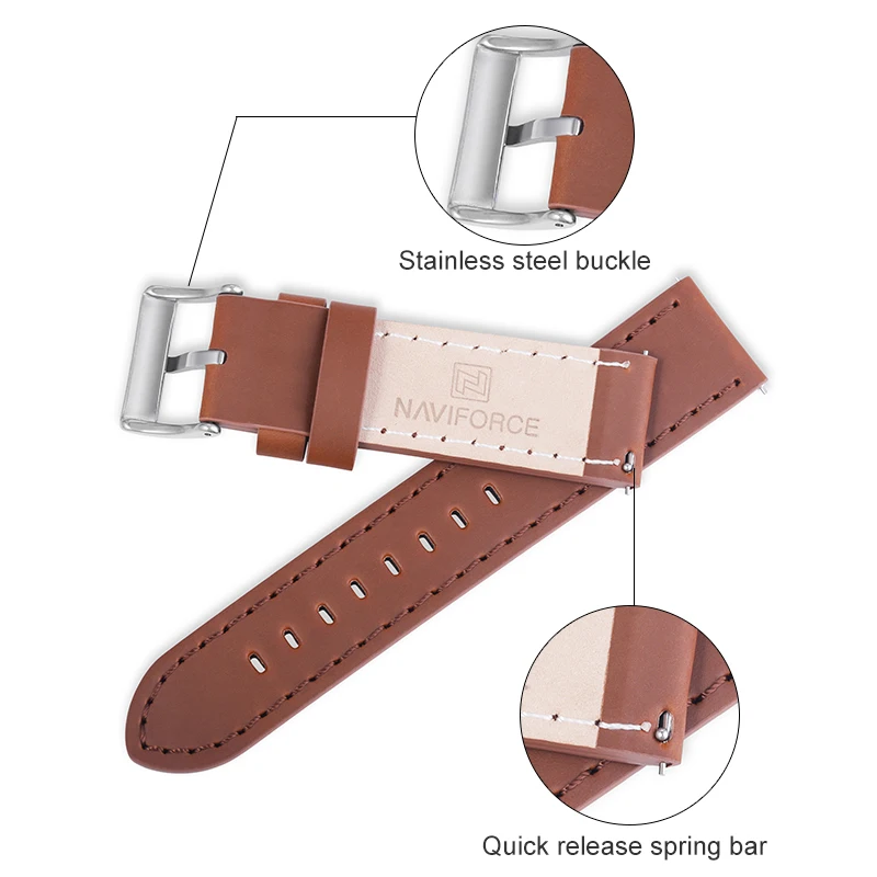 NAVIFORCE Genuine Leather Watch Band 23mm Brown Men Watchband Strap Watch Accessories Waterproof Belt With Buckle Quick Release