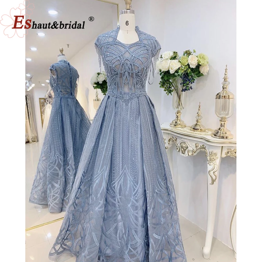 Elegant Dubai Lace Evening Night Dress for Women 2023 High Neck Sleeveless Aline Crystal Handmade Formal Wedding Prom Party Gown