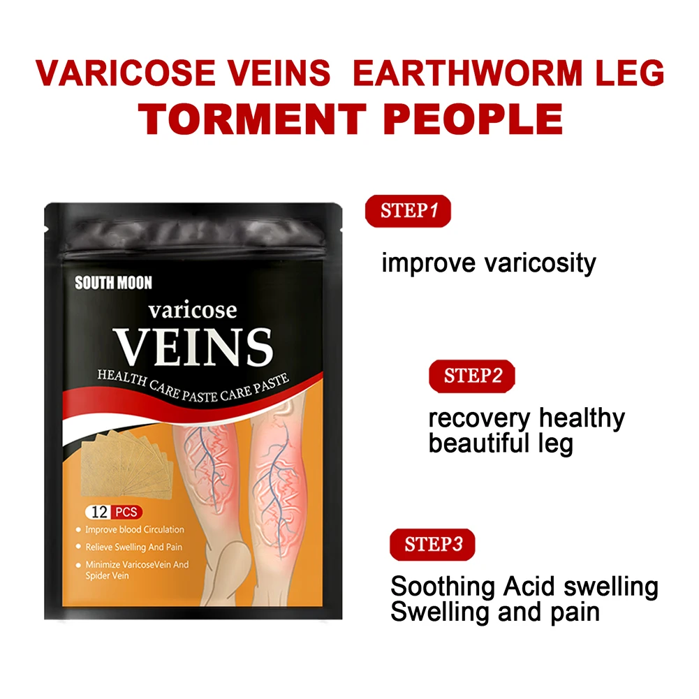 12pcs Varicose Veins Treatment Patch Relieve Leg Pain Spider Vein Removal Plaster Promote Metabolism Anti Swelling for Men Women