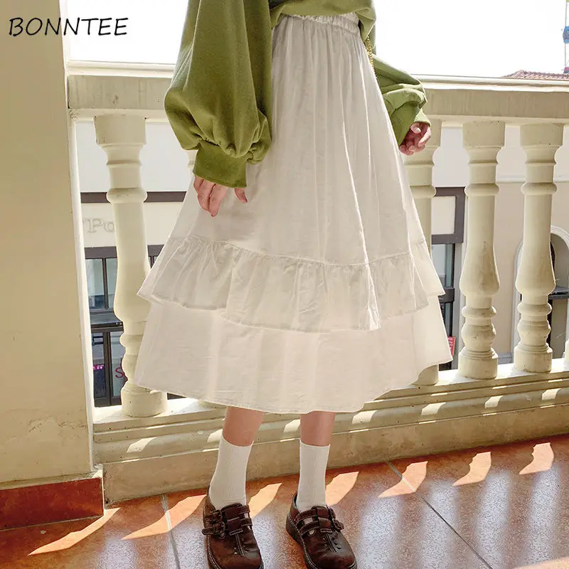 

Skirts Women Kawaii Ruffles Ulzzang Summer Spring Trendy Solid College Girls Skirt Holiday All-match Chic Mid-calf Lady Clothes