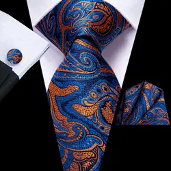 Hi-Tie niebieski pomarańczowy Paisley jedwabny krawat ślubny dla mężczyzn moda DesignerHandky spinki zestaw prezent krawat dla mężczyzn Business Party