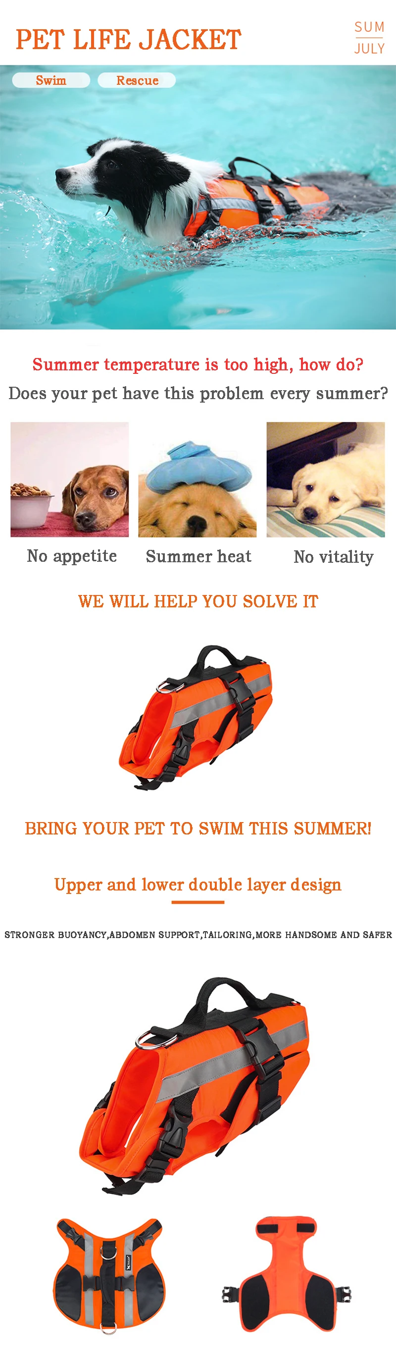 Colete salva-vidas para cachorro, roupa para proteção animal no verão, cor lisa