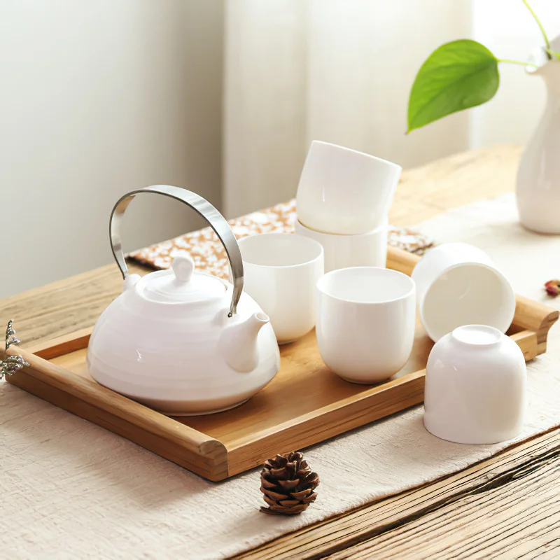 

Ceramic Coffee Tea Set Japanese White Kettle Cup Wood Tray Pot Water Ware Home Bar Decoration Kitchen Supplies Drinkware