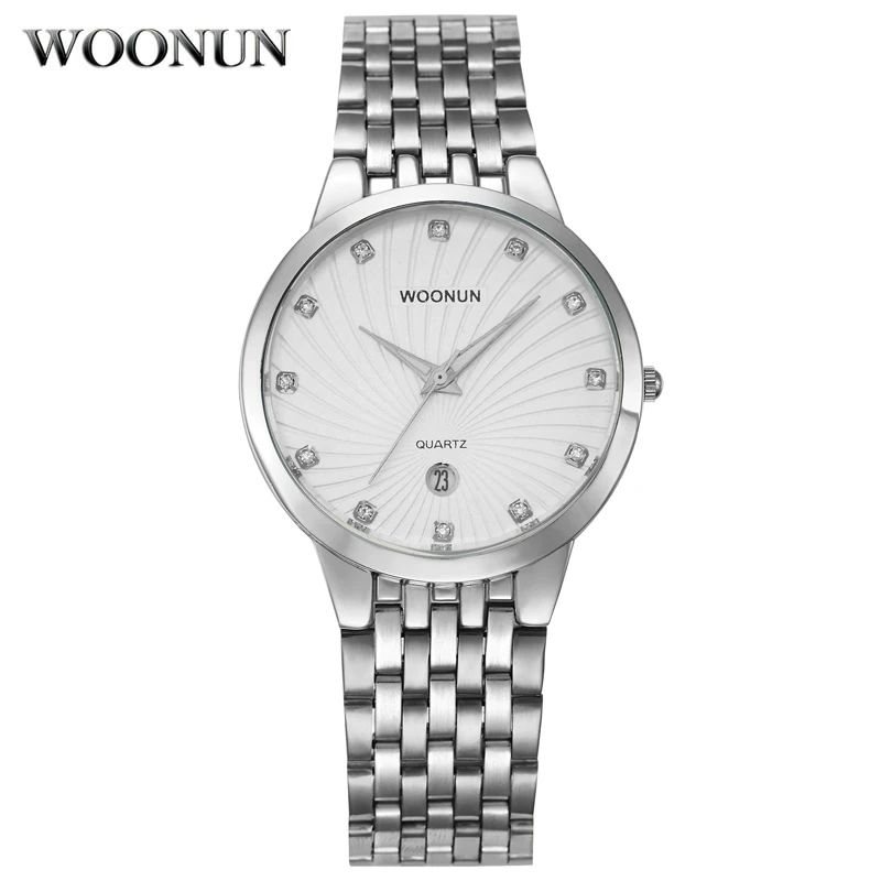 

WOONUN Mens Business Watches Top Brand Luxury Silver Steel Diamond Quartz Watches Thin Men Wristwatch Casual Business Hodinky