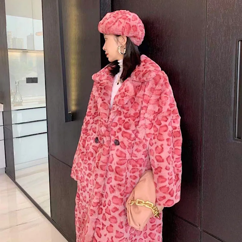 2022 neue Winter Frauen Echt Rex Kaninchen Pelz Mäntel Off Saison Mode Lange Leopard Mantel Einfache Warme Damen Oberbekleidung Straße