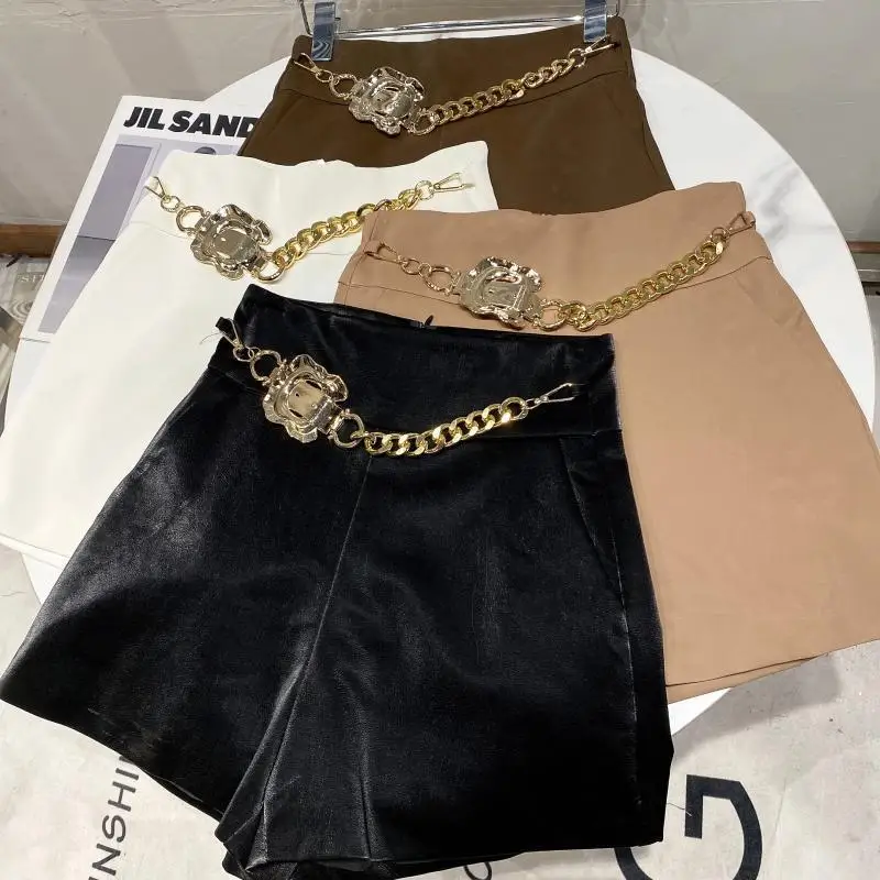 

2021 Gold Chain Elegant Women Shorts Zip Up Solid Brand New Shorts Office Lady Fashion Casual Shorts Female Shorts With Pockets