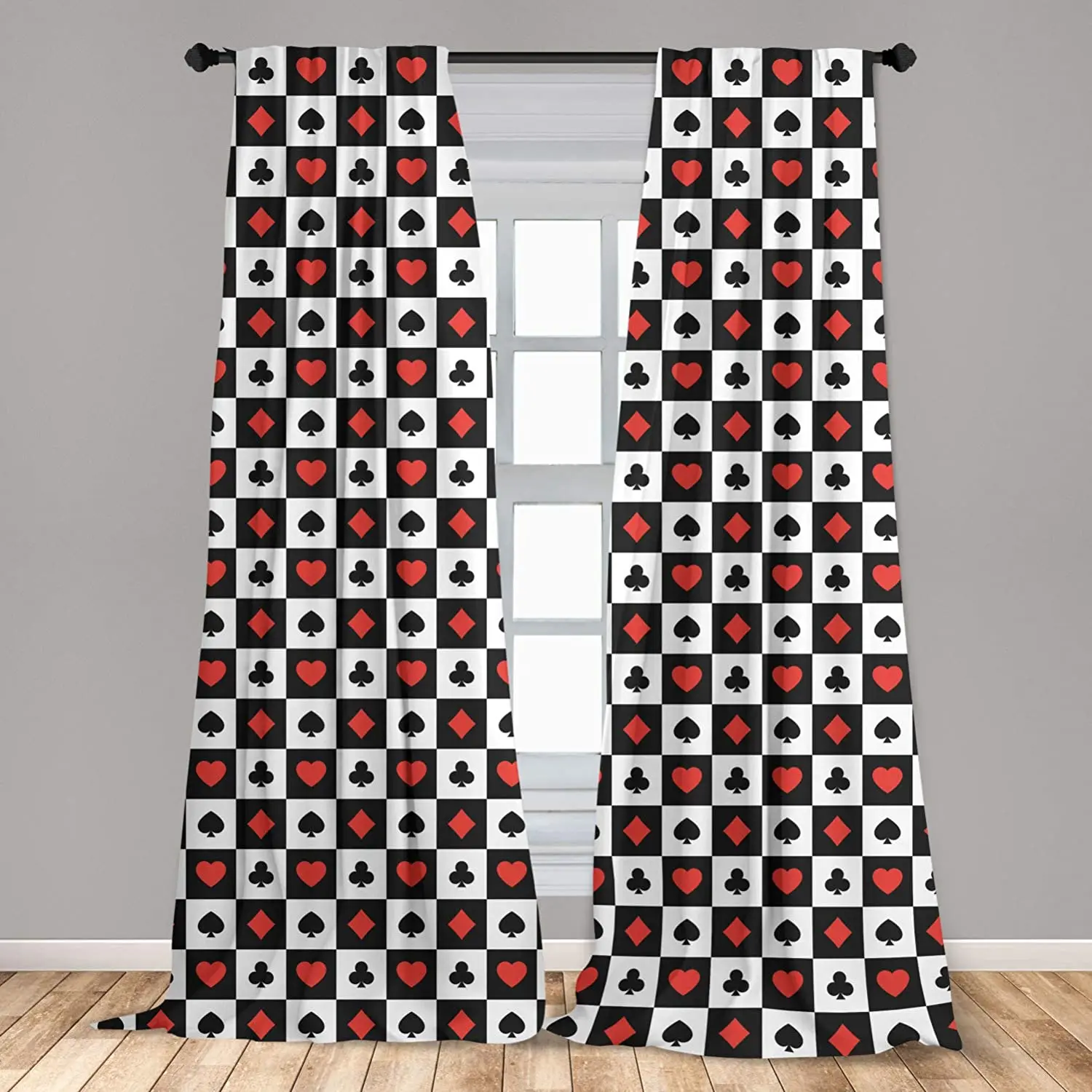 Poker Curtain Illustration of Poker Card Suits in Checkered Squares Spades Hearts and Clubs Window Curtain Living Room Bedroom