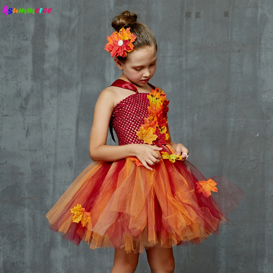 Autumn Fairy Girls Tutu Dress Maple Leaves Kids Tulle Dress with Headband Children Flower Dresses for Halloween Christmas