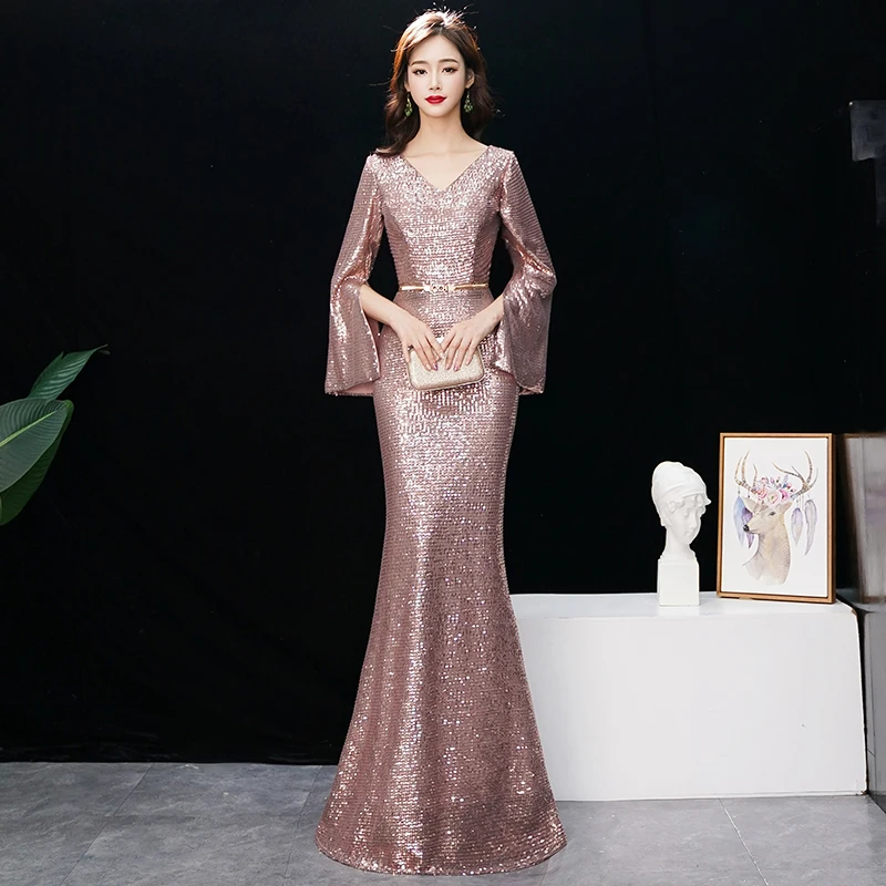 Evening Dress Rose Gold Shining Sequin V-neck Formal Evening Dresses Mermaid Long Full Sleeve Elegant Gowns Robe De Soiree K120