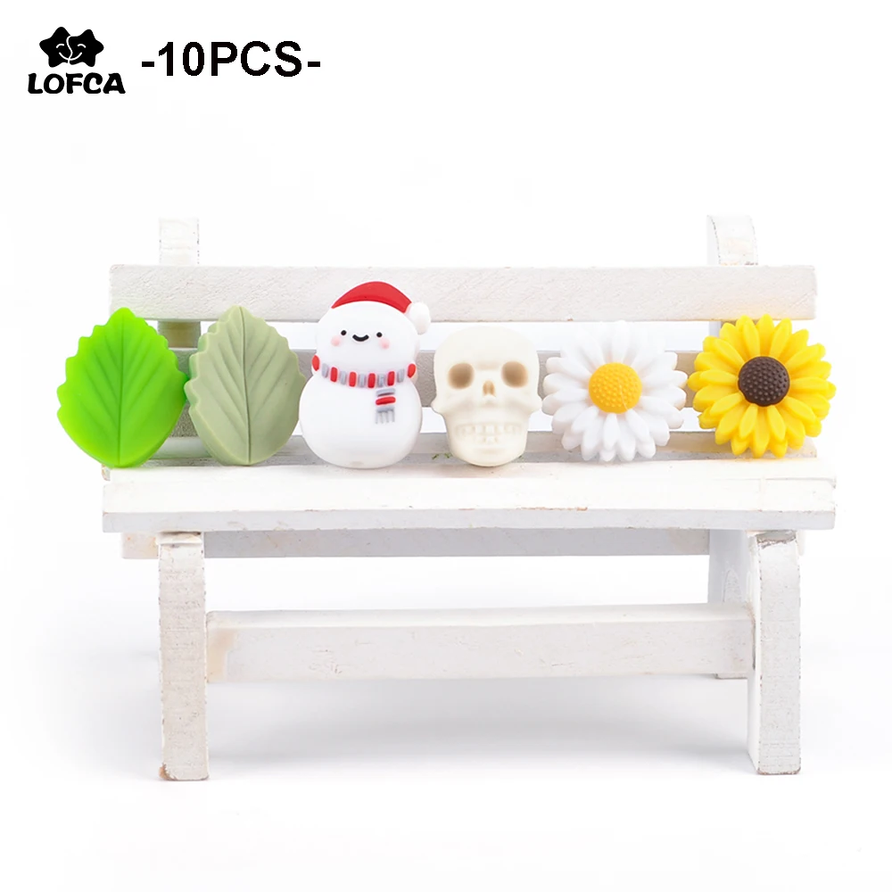 10pcs Baby Teethers Leaves Daisy Flower Skull  Snowman Silicone Beads For Pacifier Leaf Necklace Jewelry Sensory Toy