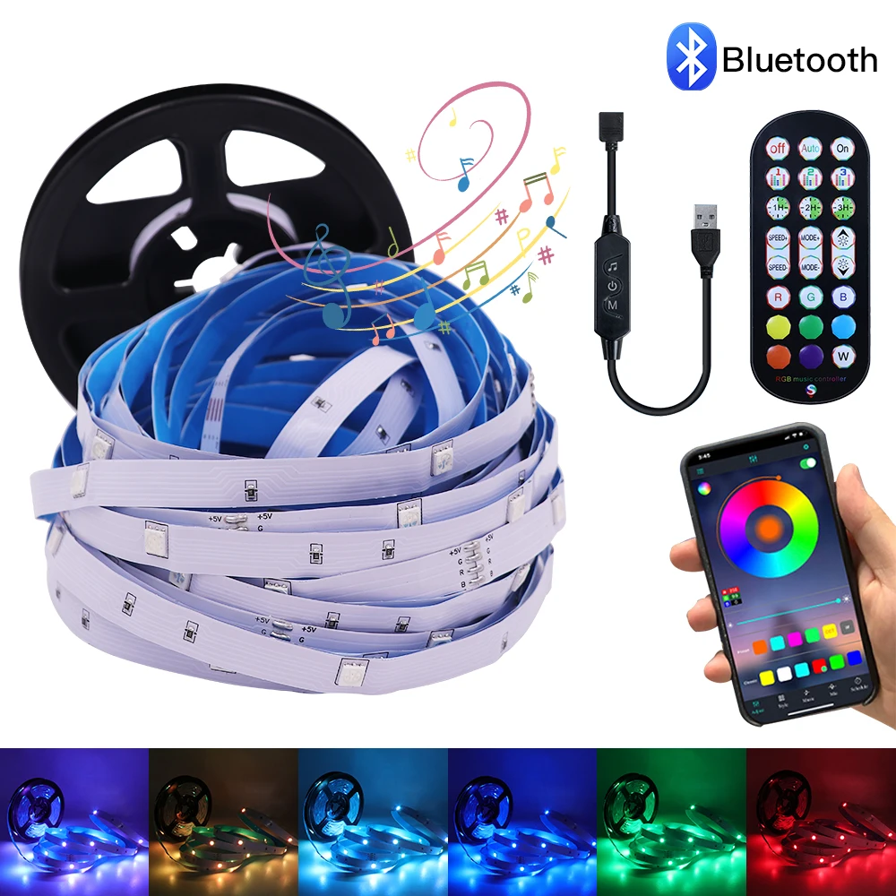 DC 5V LED Strip 5M 10M 15M Bluetooth APP Control LED Tape Lights RGB 5050 Flexible Rope Lamp IR Remote Control BackLight Diode