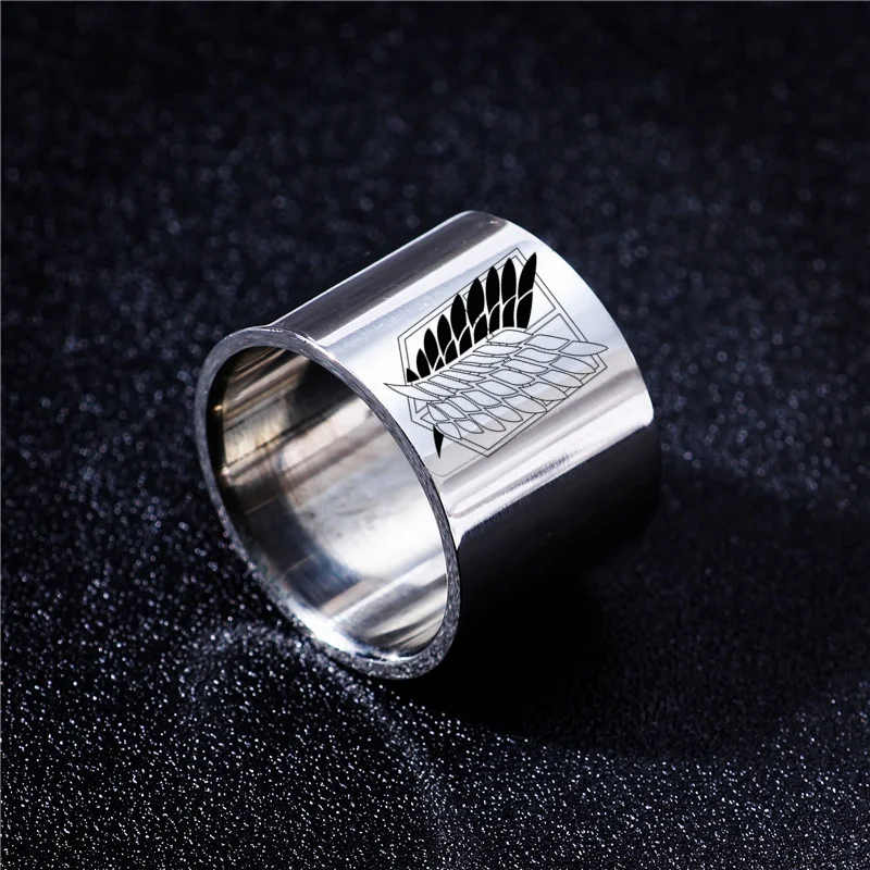 8mm Attack on Titan Black sliver Stainless Steel Ring Wings Of Liberty Flag Finger Rings For Men Women Jewelry Anime Fans