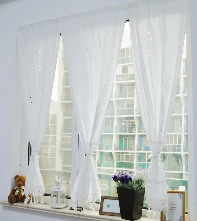 

100% Cotton Solid White Blackout Curtains with Lace Band Hand Crochet Hollow Out Window Drapes Rod Pocket Kitchen Short Blinds