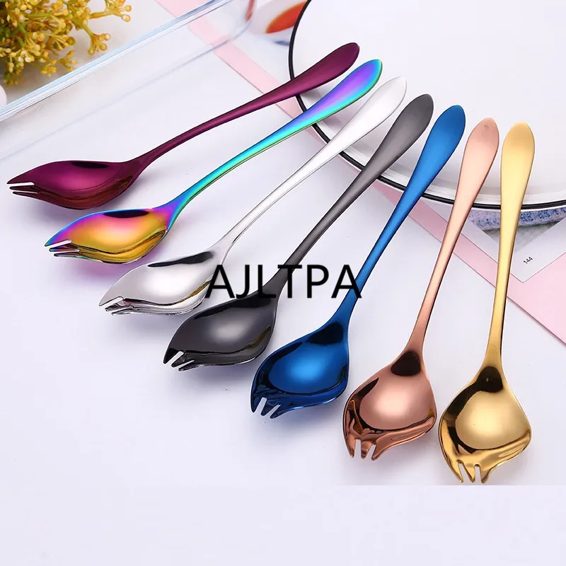 100pcs/lot Creative 304 Stainless Steel Spoon Coffee Spoon Dual-Use Fork Spoon Instant Noodles Salad Spoons Tableware CT0173