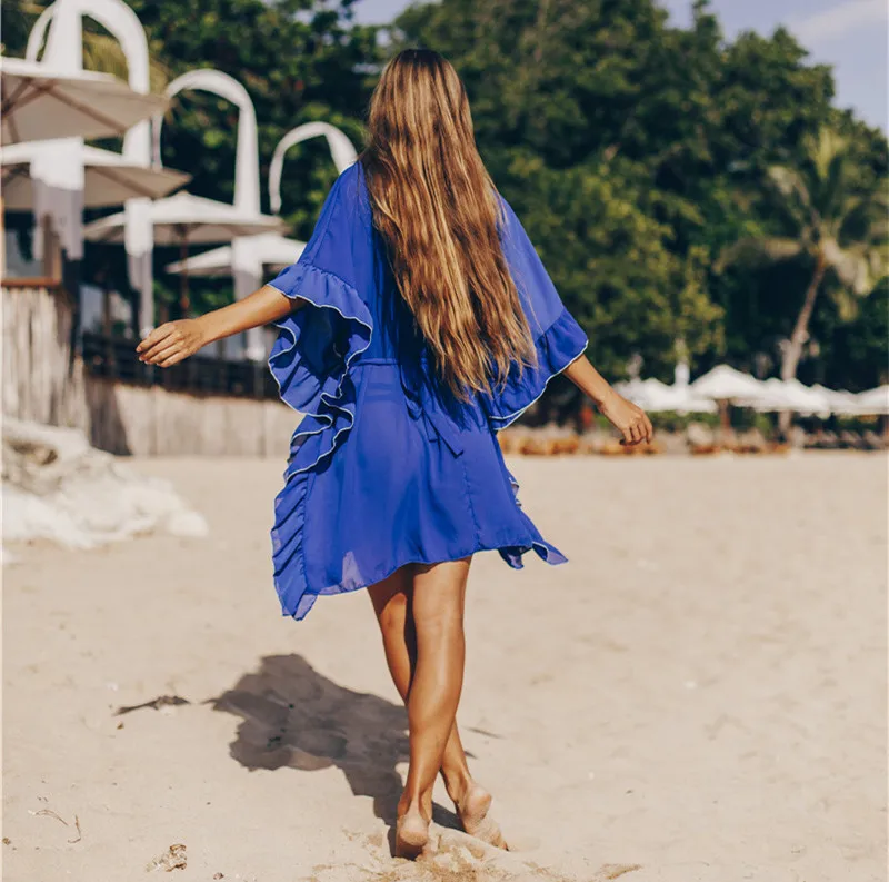 الأزرق الشيفون بيكيني التستر عادية الخامس الرقبة الخفافيش كم الذاتي مربوط الصيف فستان شاطئ صغير تونك المرأة مثير بحر التستر