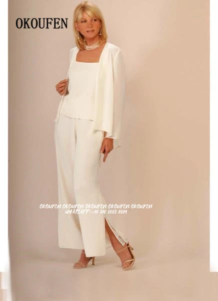 Mutter der Braut Kleider für Hochzeit mit Jacke 3 Stück 100D Chiffon Slit Leg Hosen Hosenanzüge Set Elfenbein Bräutigam mom Einfache