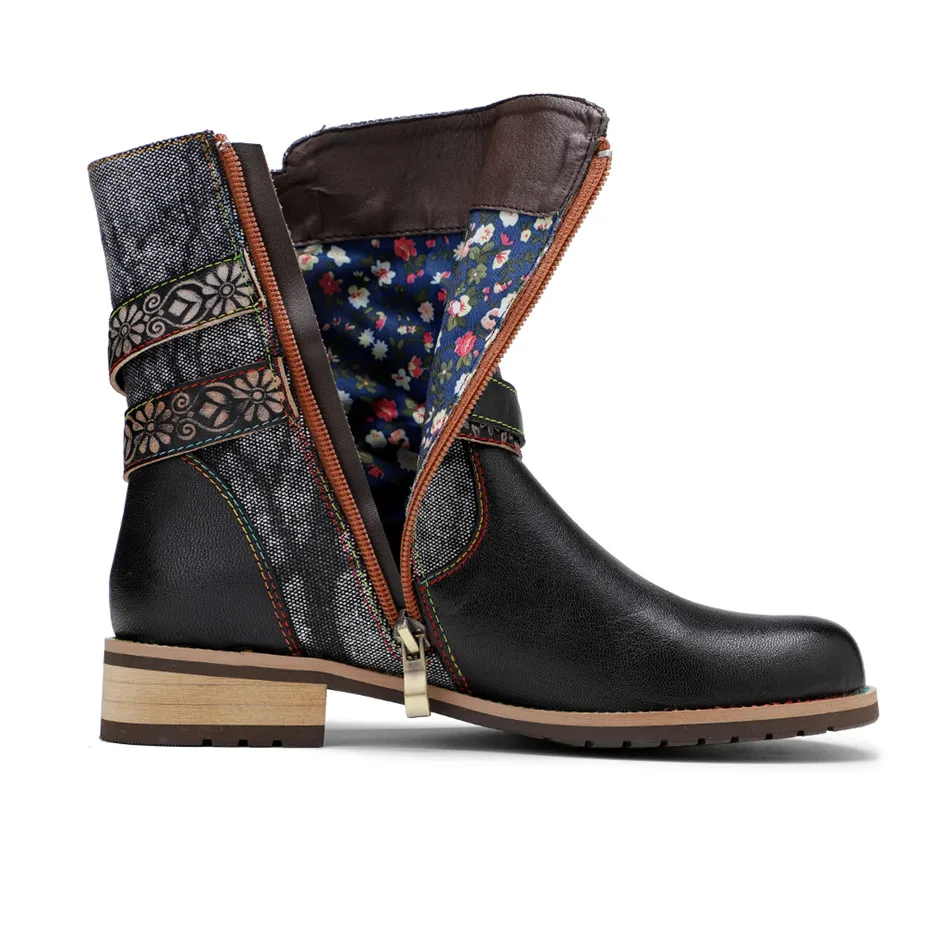 Donna autunno inverno stivaletti in vera pelle cerniera laterale punta tonda tacco quadrato Patchwork Casual stivaletti da donna scarpe di grandi