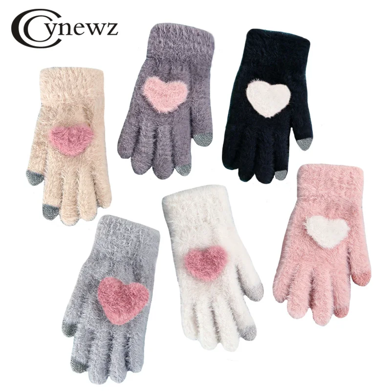 Winter Lovely Women Knitted Gloves Soft Touch Screen Rabbit Wool Keep Warm Girls' Pink Heart Mittens Female Gloves